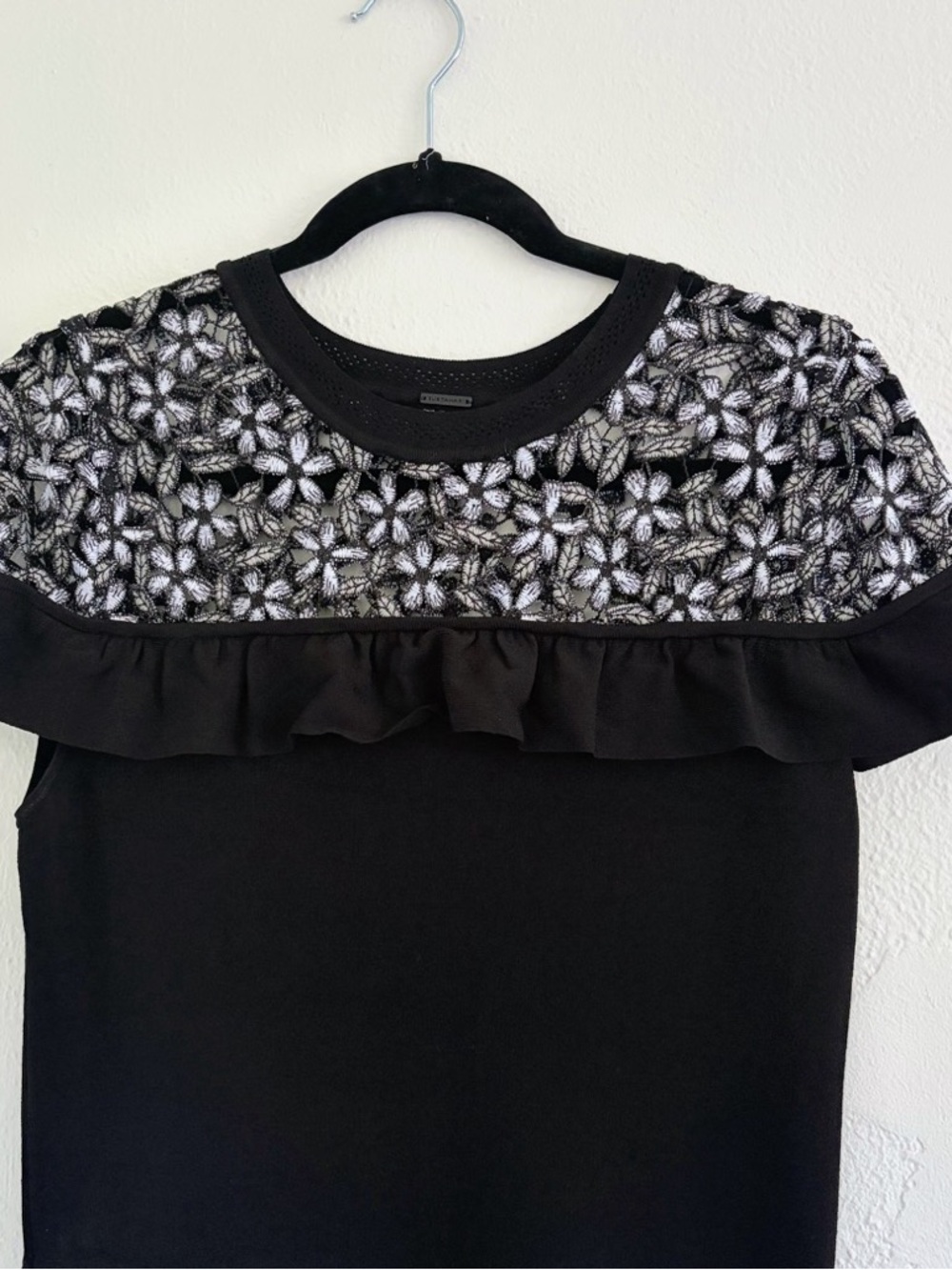 Elie Tahari Black Midi Dress with White Lace Yoke and Ruffle